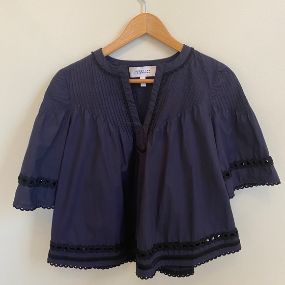 DEREK LAM 10 CROSBY Navy Cotton Eyelet Pintuck Top - Picture 3 of 8
